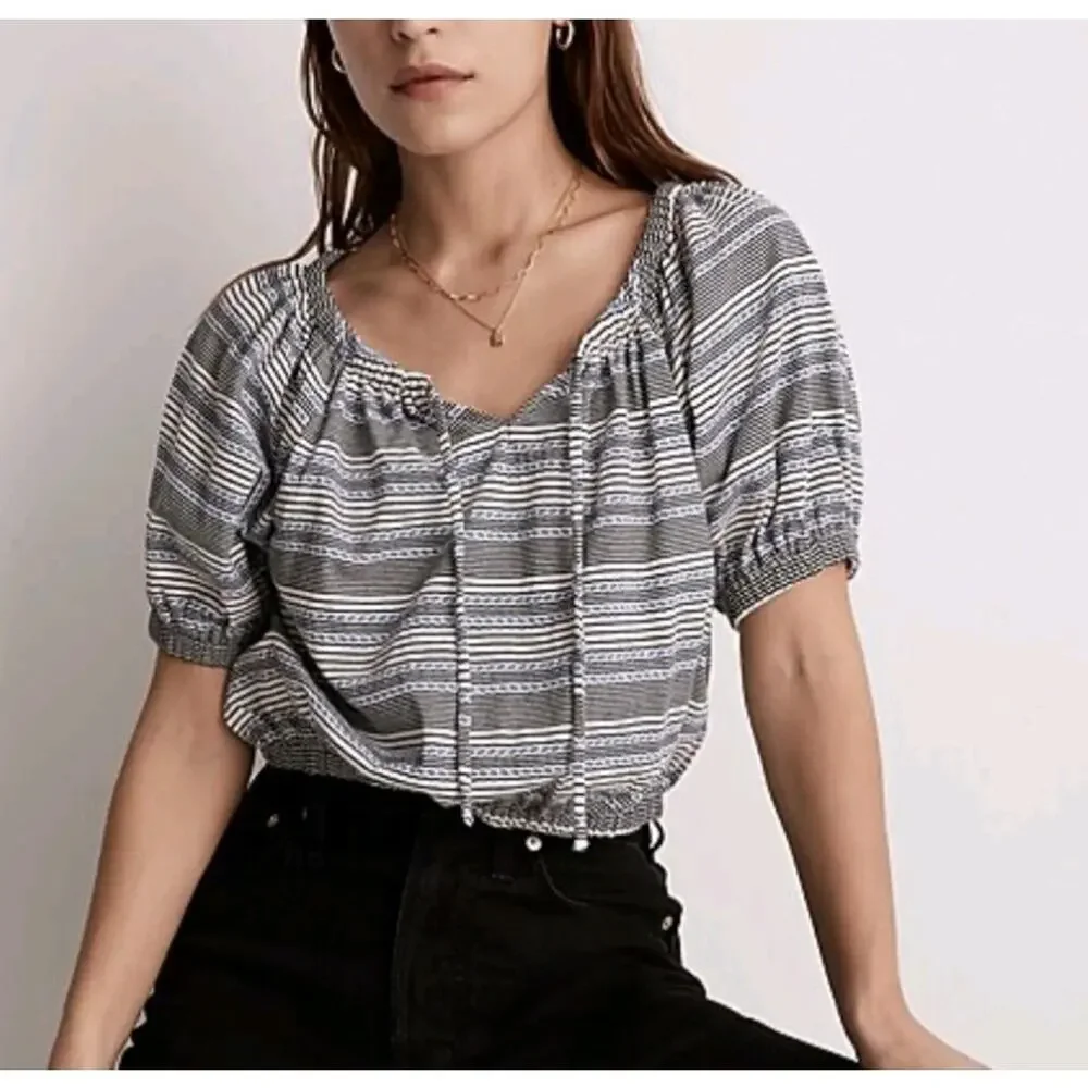 Madewell Jacquard Keyhole Puff Sleeve Crop Top Stripe chambray boho S EUC